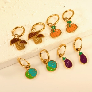 Stainless Steel Fruit Food Stud Earrings For Women Cute Cartoon Mushroom Tomato Donut Burger Orange Enamel Hoop Earrings Jewelry