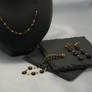 Bohemian gold stainless steel jewelry set with black crystal beads and flower pendants