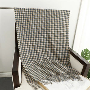 Detailed view of the knit texture and tassel fringe on a plaid autumn scarf
