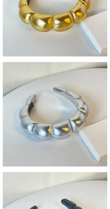 Detailed views of shiny PU leather puff headbands in gold, silver, and navy blue