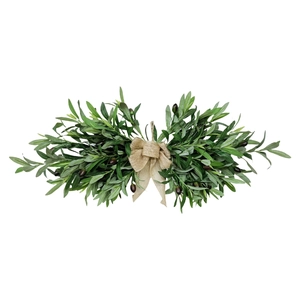 Artificial olive leaf garland with dark fruits and burlap bow for home door decoration