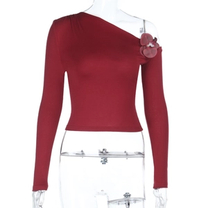 Sexy burgundy one-shoulder long sleeve top with 3D rose flower detail on the shoulder