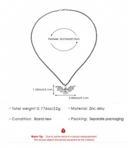 Detailed size specifications for a Gothic bat pendant necklace in silver finish