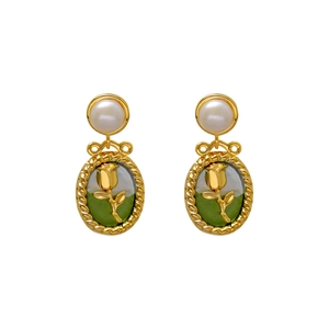 Vintage French tulip pearl earrings with gold floral enamel and oval pendant design