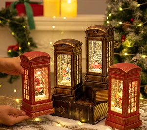 Macro detail of red and bronze Christmas telephone booth lanterns with snowmen