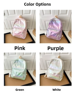 Vier Farbvarianten des holografischen Laser-Rucksacks in Rosa, Lila, Grün und Weiß