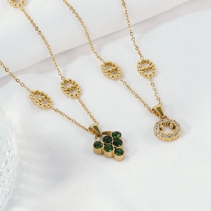 French Vintage Stainless Steel Smiley Face Round Pendant Necklace For Women Gold Plated Rhinestone Gemstone Luxury Jewelry Necklace