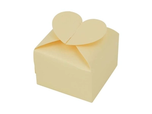 Close-up of beige paper gift box featuring a top-folded heart shape closure design