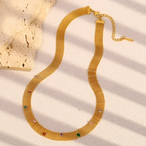 18K gold plated stainless steel mesh necklace with vibrant multi-colored zircon gemstones