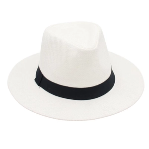 Close-up detail of white straw sun hat featuring a classic black ribbon band decoration
