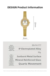 Detail of square gold watch with zircon bezel and Milanese mesh strap 22mm