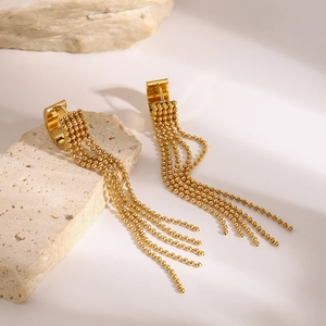 Elegant gold stainless steel tassel earrings featuring multi-strand beaded chain drop