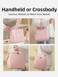 Pink insulated lunch bag with adjustable shoulder strap and hand-carry handle details