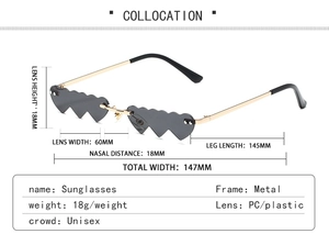 Detailed dimension guide for heart shaped rimless sunglasses with gold metal frame