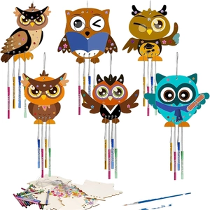 DIY Owl Wind Chime Set with colorful wooden owls and craft supplies for kids