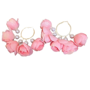 Exaggerated pink rose flower and gray pearl gold hoop earrings for women on white background