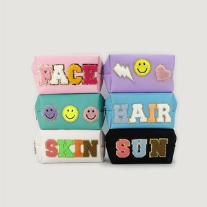 Set of 6 waterproof PU leather cosmetic bags with chenille letter patches and metal zippers