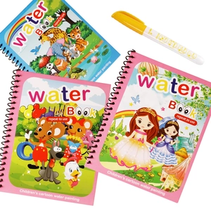 Reusable water drawing book set with 3 cartoon theme coloring books and 1 water pen