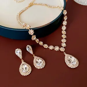 French style pear-cut crystal jewelry set featuring teardrop necklace and drop earrings