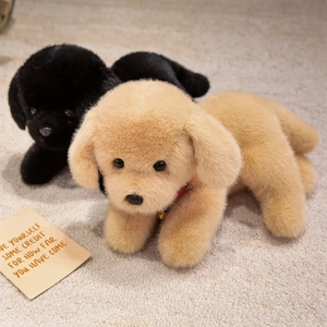 Plush Labrador puppy dolls in black and golden brown featuring soft fur and bells