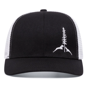 Black and white trucker hat with embroidered pine tree and mountain logo on the front