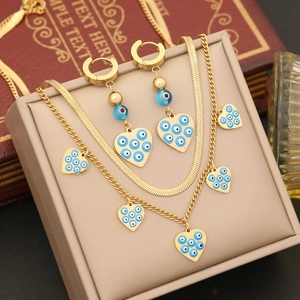 Heart Evil Eye Stainless Steel Double Layer Necklace Earring Jewelry Drip Oil Fashion Personality Accessory For Women
