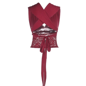 Detail view of burgundy sleeveless top featuring lace fabric and long fringe tassels at back