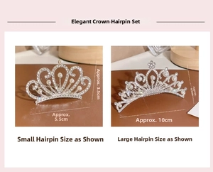 Size chart for silver girls' crown hair combs featuring white pearls and rhinestones