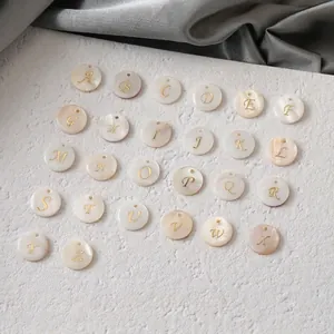 26 natural freshwater shell alphabet charms with gold engraved letters for DIY jewelry