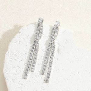 Silver drop earrings with square zircon stud and long shimmering tassels on stone