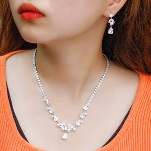Elegant pearl and AAA zircon jewelry set with necklace and drop earrings on female model