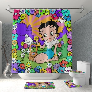 Waterproof polyester shower curtain set with cartoon character pattern and non-slip rugs