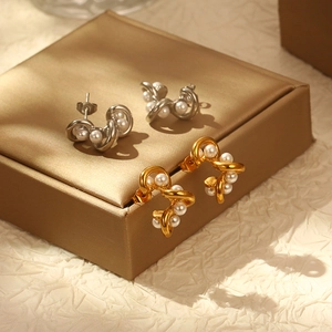 Boucles D'oreilles En Acier Inoxydable À Künstliche Perles Enroulées Irrégulières Plaqué Or 18K Style Français Vintage Léger Pour Femme