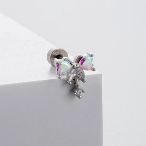 Surgical steel butterfly ear stud with AB iridescent heart stones and zircon accents