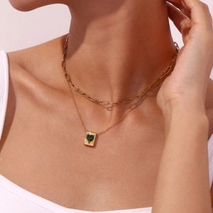 Double-layered 18K gold plated stainless steel necklace with green heart zircon pendant