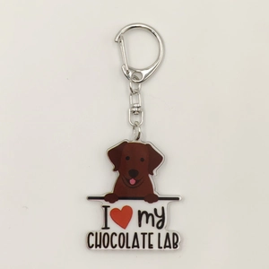 Close-up of chocolate lab acrylic keychain with I love my dog print and silver metal clasp
