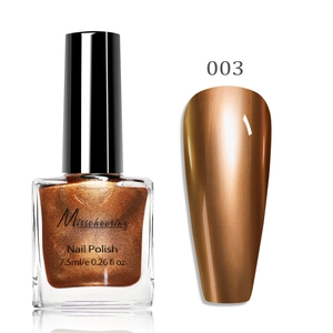Detailed close-up of metallic bronze mirror nail polish bottle with color swatch