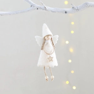 White felt Christmas angel ornament with star detail hanging on festive tree branch