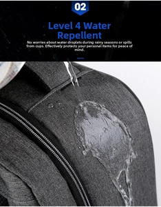 Macro shot of level 4 water repellent fabric on a dark grey business laptop backpack