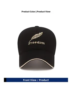 Detailed front view of black baseball cap featuring golden feather and Freedom embroidery