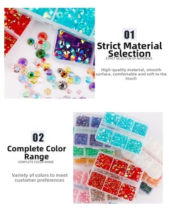 Close-up of colorful jelly flatback rhinestones in 6-grid organizer for DIY nail art
