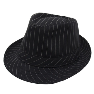 Classic black pinstripe fedora hat with a flat brim and structured crown in wool felt style