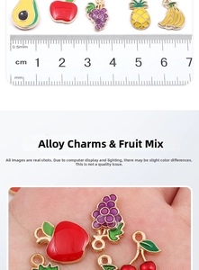 Close-up of colorful enamel alloy fruit charms for DIY jewelry making with a ruler