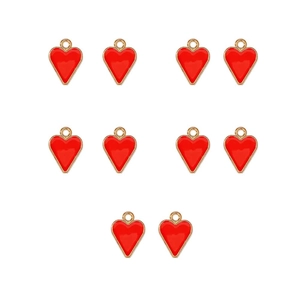 Detailed view of ten red enamel heart charms with gold metal edges for DIY jewelry making