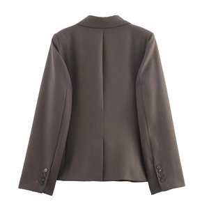 Women's dark taupe blazer suit with back vent detail and sleeve buttons on white background