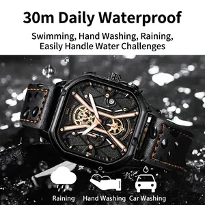 Poedagar square business sports watch with black leather strap and luminous hands