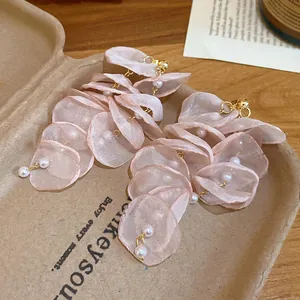 Elegant long floral tassel earrings with pink fabric petals and white pearls in gold