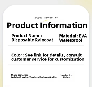 Detail showing EVA waterproof material specifications and outdoor usage for adult raincoats