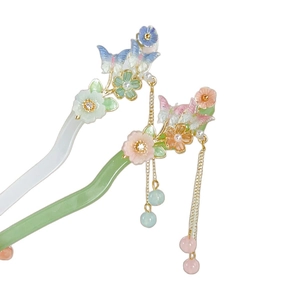 Exquisite flower butterfly acetate hair stick with tassel and faux pearls in soft macaron tones