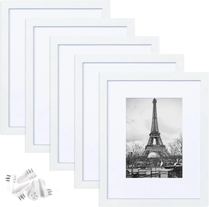 5-piece set of minimalist white photo frames with mats and wall mounting hardware